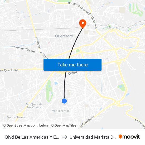 Blvd De Las Americas Y Enrique Bordes to Universidad Marista De Querétaro map