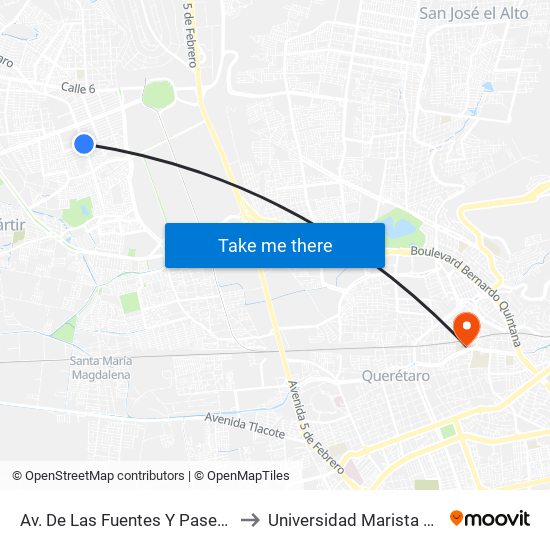 Av. De Las Fuentes Y Paseo De Las Peñas to Universidad Marista De Querétaro map