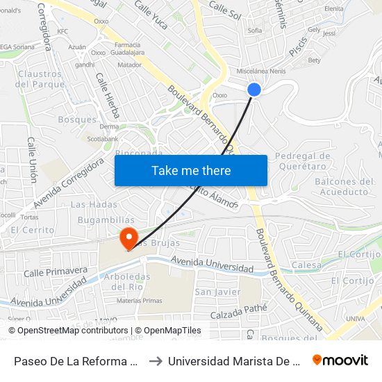 Paseo De La Reforma Y Acuario to Universidad Marista De Querétaro map