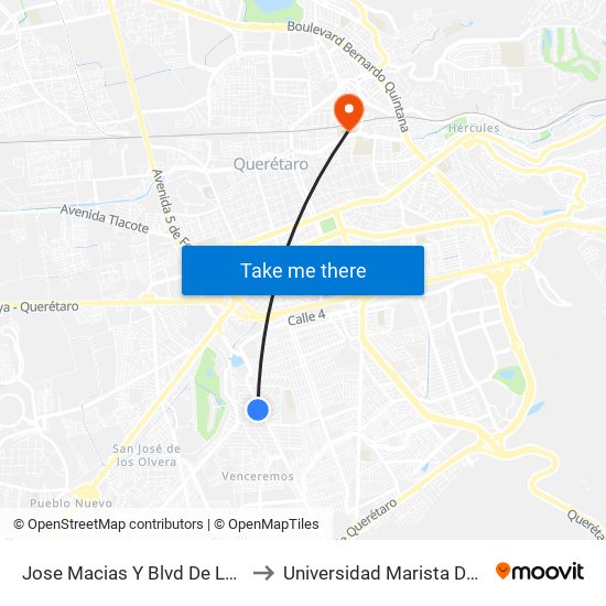 Jose Macias Y Blvd De Las Americas to Universidad Marista De Querétaro map