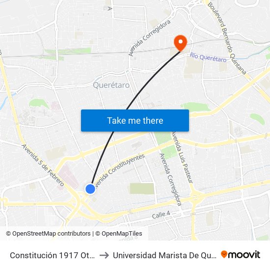 Constitución 1917 Ote - Pte to Universidad Marista De Querétaro map