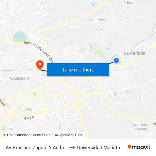 Av. Emiliano Zapata Y Andador San Antonio to Universidad Marista De Querétaro map