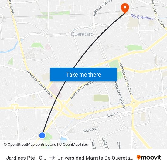 Jardines Pte - Ote to Universidad Marista De Querétaro map