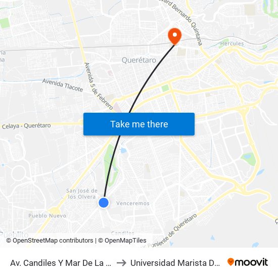 Av. Candiles Y Mar De La Tranquilidad to Universidad Marista De Querétaro map