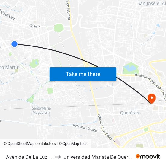 Avenida De La Luz 838 to Universidad Marista De Querétaro map