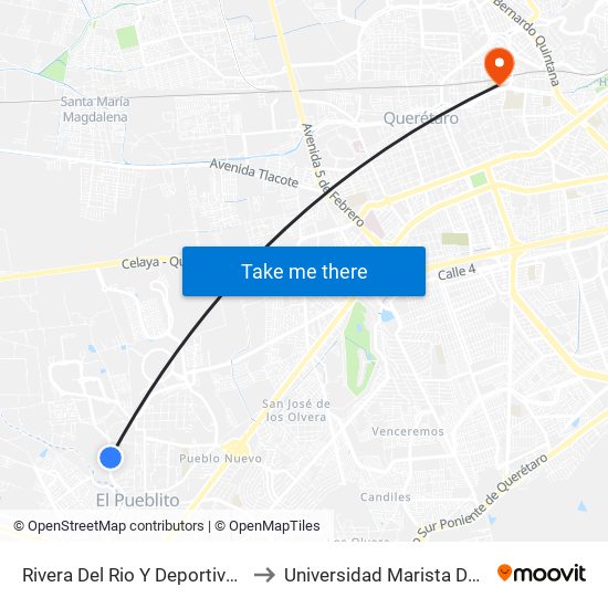 Rivera Del Rio Y Deportiva El Pueblito to Universidad Marista De Querétaro map