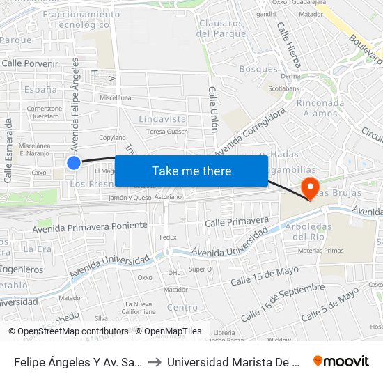 Felipe Ángeles Y Av. San Roque to Universidad Marista De Querétaro map