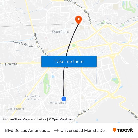 Blvd De Las Americas Y Soriana to Universidad Marista De Querétaro map
