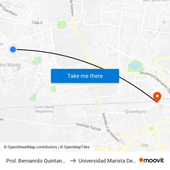 Prol. Bernanrdo Quintana Y Walmart to Universidad Marista De Querétaro map