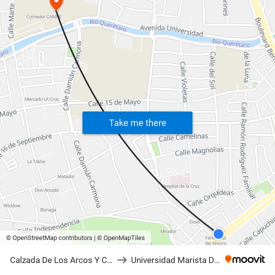 Calzada De Los Arcos Y Circunvalacion to Universidad Marista De Querétaro map