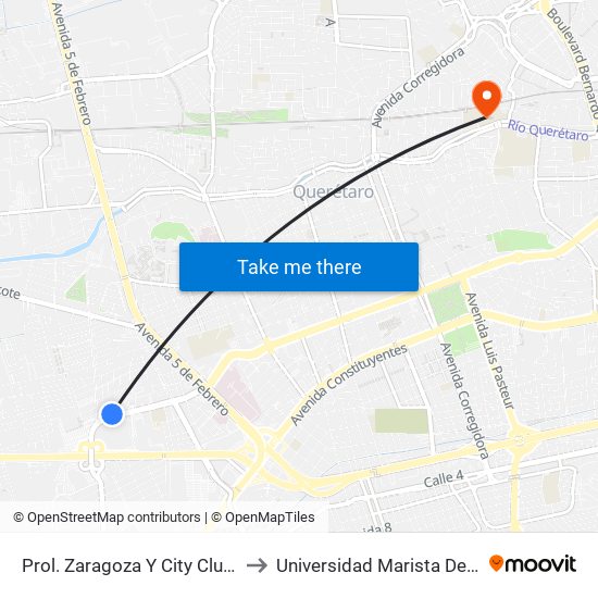 Prol. Zaragoza Y City Club Zaragoza to Universidad Marista De Querétaro map