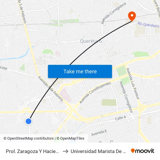 Prol. Zaragoza Y Hacienda Vegil to Universidad Marista De Querétaro map