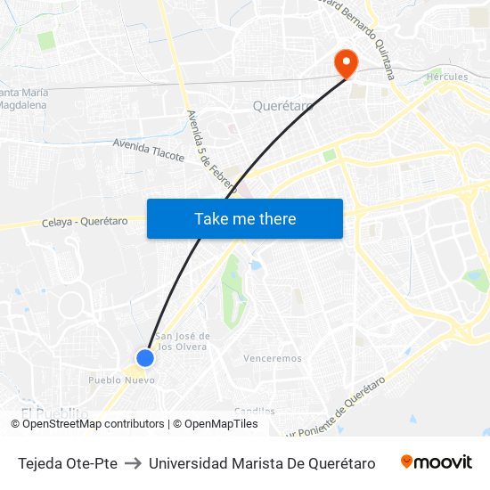 Tejeda Ote-Pte to Universidad Marista De Querétaro map