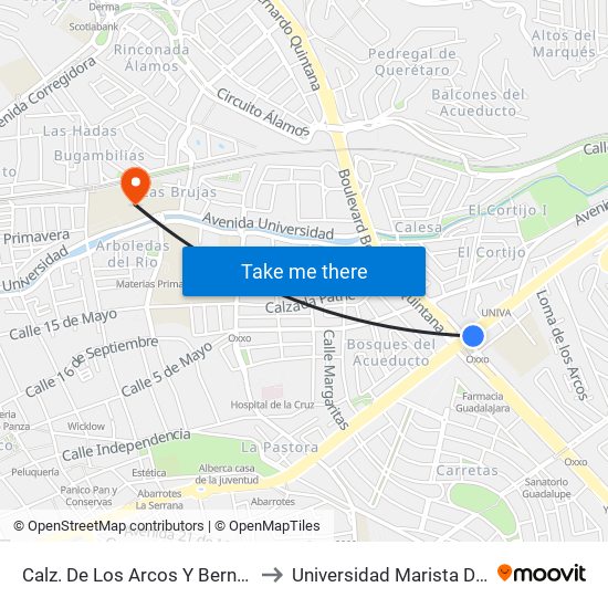 Calz. De Los Arcos Y Bernardo Quintana to Universidad Marista De Querétaro map