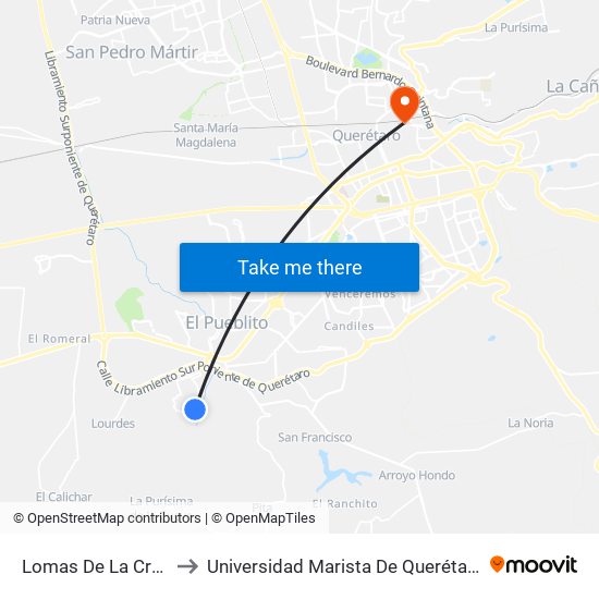 Lomas De La Cruz to Universidad Marista De Querétaro map