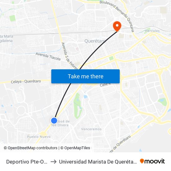 Deportivo Pte-Ote to Universidad Marista De Querétaro map