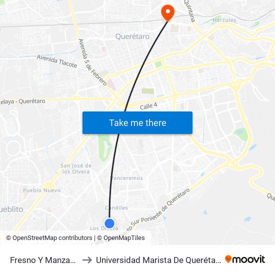 Fresno Y Manzano to Universidad Marista De Querétaro map