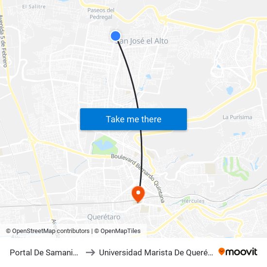 Portal De Samaniego to Universidad Marista De Querétaro map