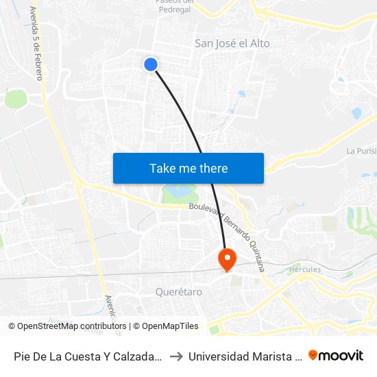 Pie De La Cuesta Y Calzada De Las Lágrimas to Universidad Marista De Querétaro map