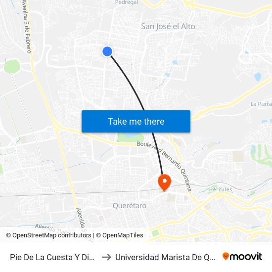 Pie De La Cuesta Y Diamante to Universidad Marista De Querétaro map
