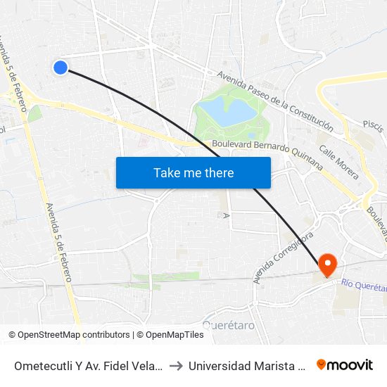 Ometecutli Y Av. Fidel Velazquez Sánchez to Universidad Marista De Querétaro map