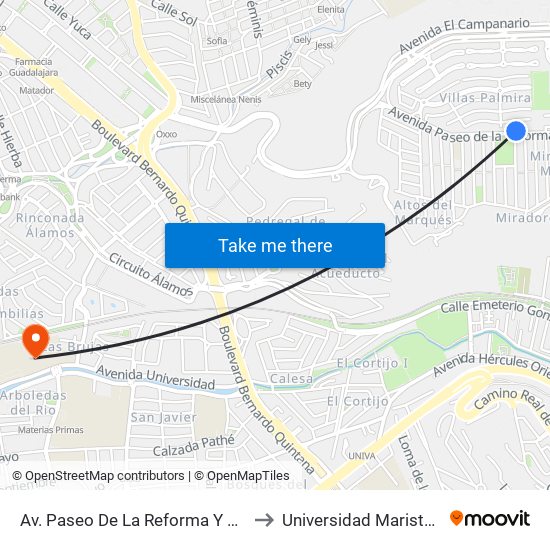 Av. Paseo De La Reforma Y Marques De Barcelo to Universidad Marista De Querétaro map