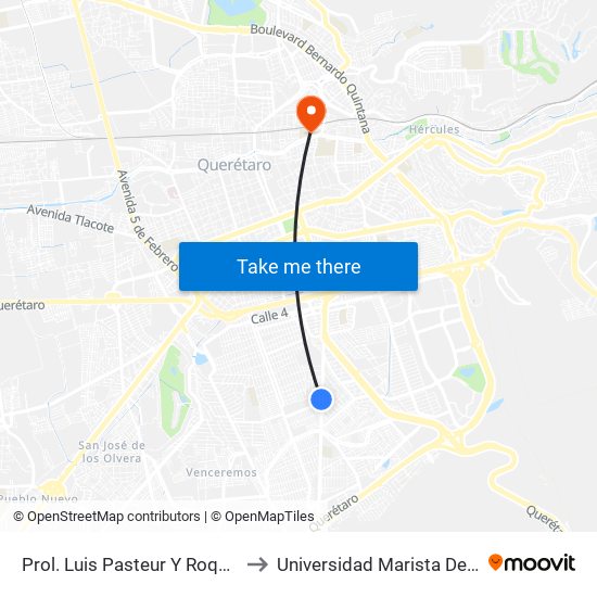 Prol. Luis Pasteur Y Roque Gonzalez to Universidad Marista De Querétaro map