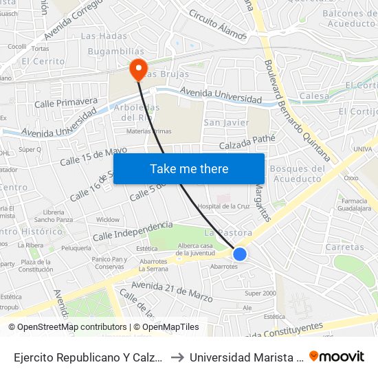 Ejercito Republicano Y Calzada De Los Arcos to Universidad Marista De Querétaro map