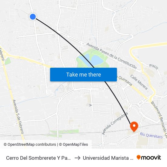 Cerro Del Sombrerete Y Paseo Constitución to Universidad Marista De Querétaro map