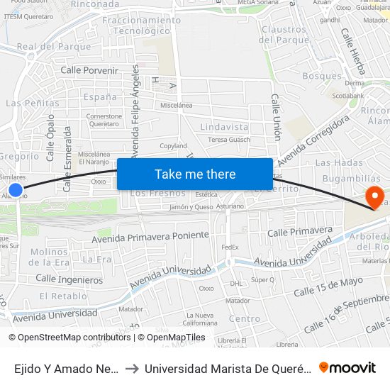 Ejido Y Amado Nervo to Universidad Marista De Querétaro map