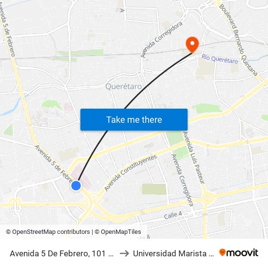 Avenida 5 De Febrero, 101 Hospital General to Universidad Marista De Querétaro map