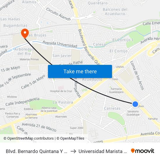 Blvd. Bernardo Quintana Y De La Acordada to Universidad Marista De Querétaro map
