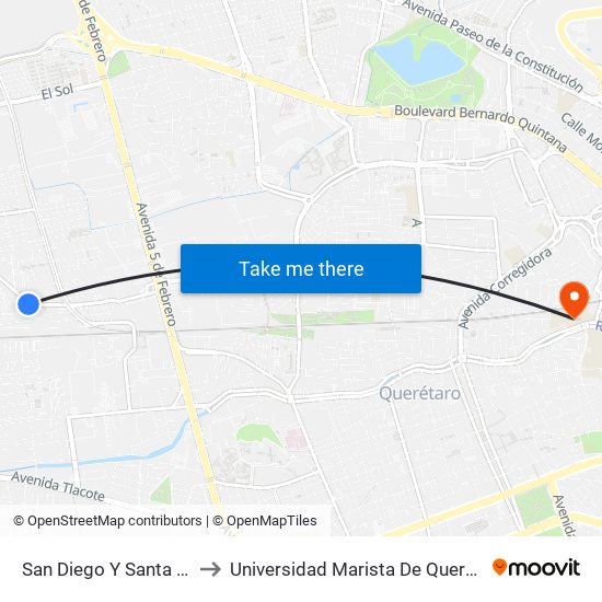 San Diego Y Santa Ana to Universidad Marista De Querétaro map