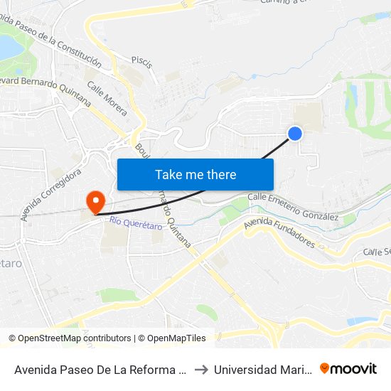 Avenida Paseo De La Reforma Y Calle Marqués De Castelar to Universidad Marista De Querétaro map