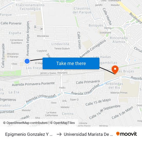 Epigmenio Gonzalez Y San Roque to Universidad Marista De Querétaro map