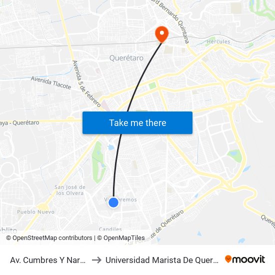 Av. Cumbres Y Naranjo to Universidad Marista De Querétaro map