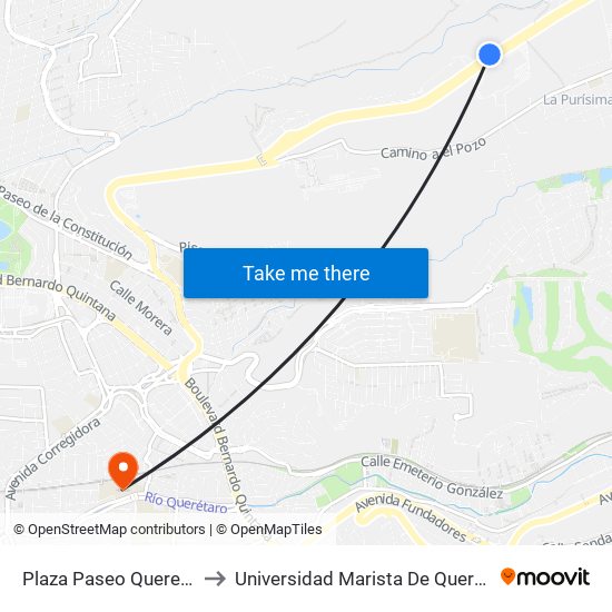 Plaza Paseo Queretaro to Universidad Marista De Querétaro map