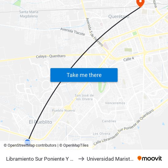 Libramiento Sur Poniente Y Camino A La Negreta to Universidad Marista De Querétaro map