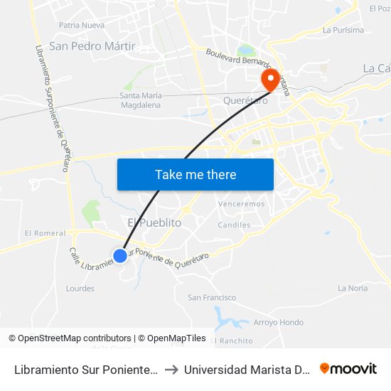 Libramiento Sur Poniente Y Santa Ana to Universidad Marista De Querétaro map