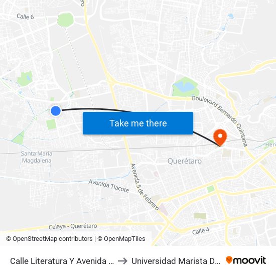 Calle Literatura Y Avenida De La Poesía to Universidad Marista De Querétaro map