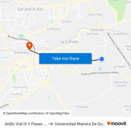 Anillo Vial III Y Paseo Solare to Universidad Marista De Querétaro map