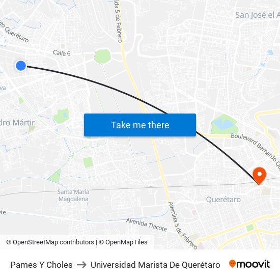 Pames Y Choles to Universidad Marista De Querétaro map