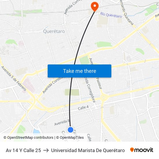 Av 14 Y Calle 25 to Universidad Marista De Querétaro map