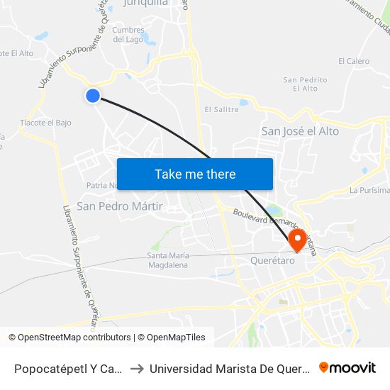 Popocatépetl Y Calle 5 to Universidad Marista De Querétaro map