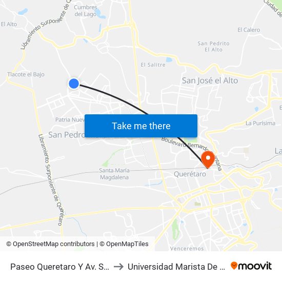 Paseo Queretaro Y Av. San Miguel to Universidad Marista De Querétaro map