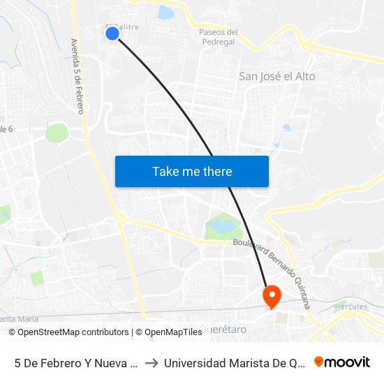 5 De Febrero Y Nueva España to Universidad Marista De Querétaro map