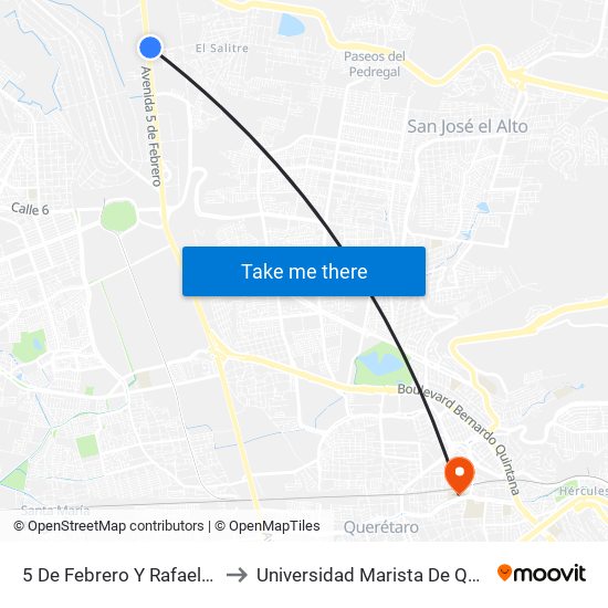 5 De Febrero Y Rafael Osuna to Universidad Marista De Querétaro map