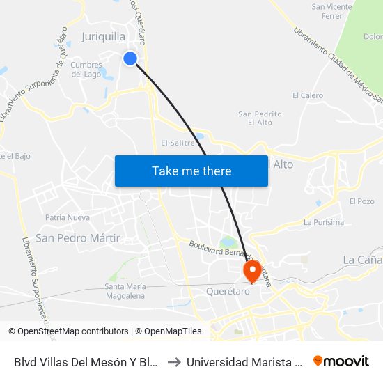 Blvd Villas Del Mesón Y Blvd Universitario to Universidad Marista De Querétaro map