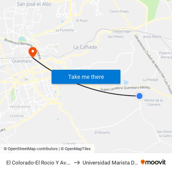 El Colorado-El Rocio Y Av. Las Misiones to Universidad Marista De Querétaro map