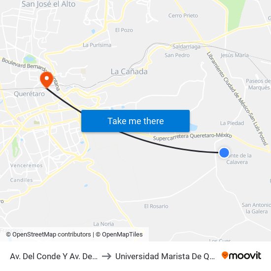 Av. Del Conde Y Av. Del Virrey to Universidad Marista De Querétaro map